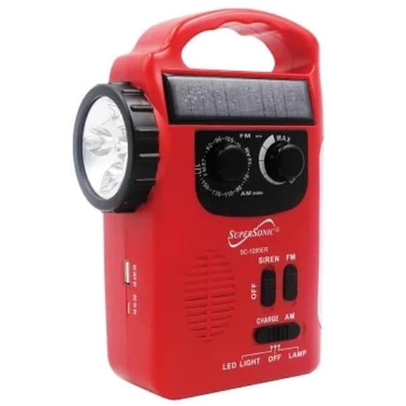 Supersonic SC-1095ER Emergency Solar/Hand Crank Radio w/ Flashlight, 3 Power Supplies, Emergency Lantern, Speaker, AM/FM Radio, Solar Panel, Hand Generator, SOS Alarm, Phone Charger, 3xAA Compatible
