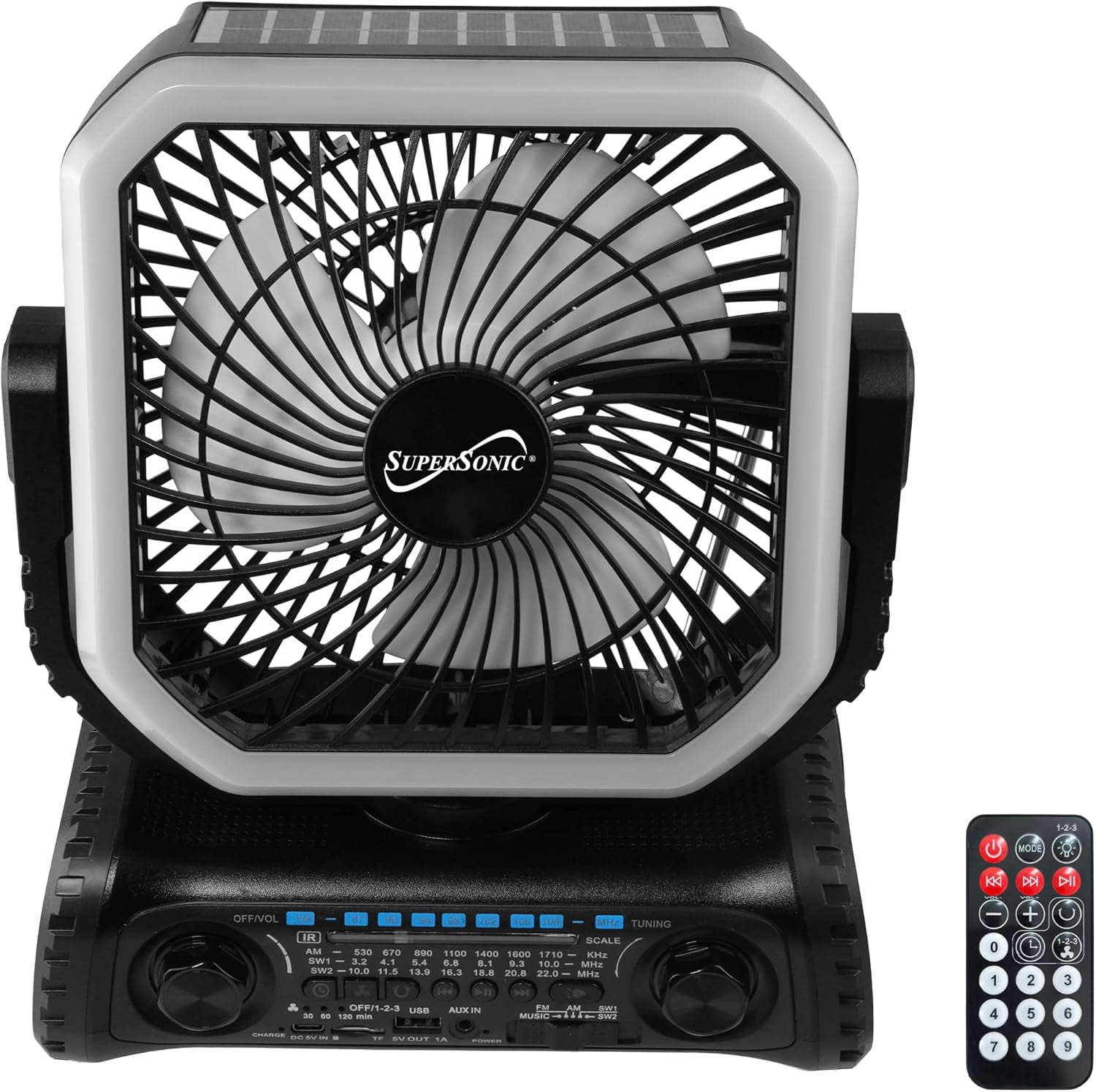 Supersonic SC-1176ERF Portable 6" Solar Rechargeable Fan with Bluetooth Speaker, AM/FM/SW Radio, RGB LED Flashlight, 3000mAh Battery, Remote Control