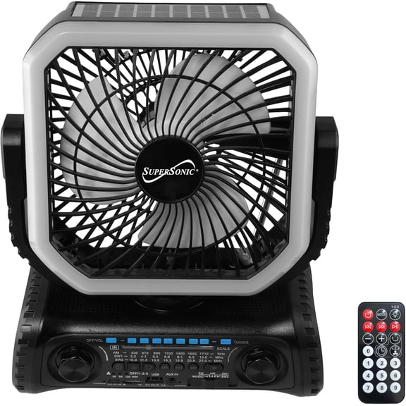 Supersonic SC-1176ERF Portable 6" Solar Rechargeable Fan with Bluetooth Speaker, AM/FM/SW Radio, RGB LED Flashlight, 3000mAh Battery, Remote Control