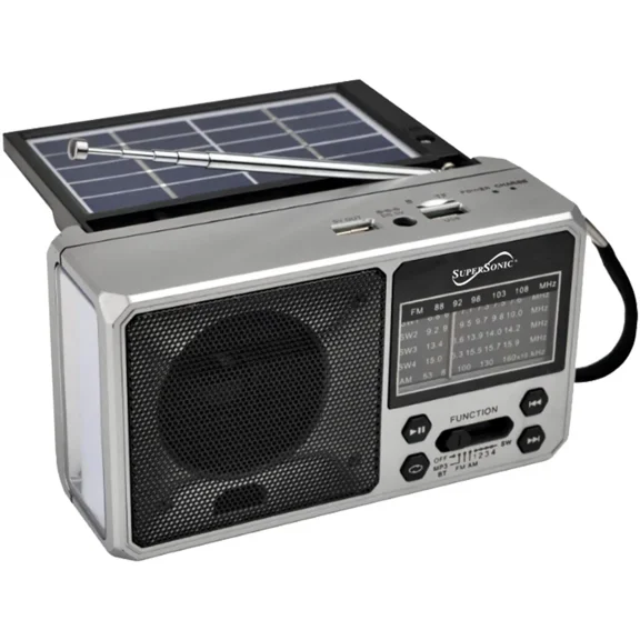 Supersonic SC-1180BT SolarWave Solar Emergency Radio w/Bluetooth 6.0, AM/FM/SW1-4, Solar+USB-C Rechargeable Battery, LED Flashlight, Micro SD/USB, 360 Antenna, Portable Speaker (Silver)
