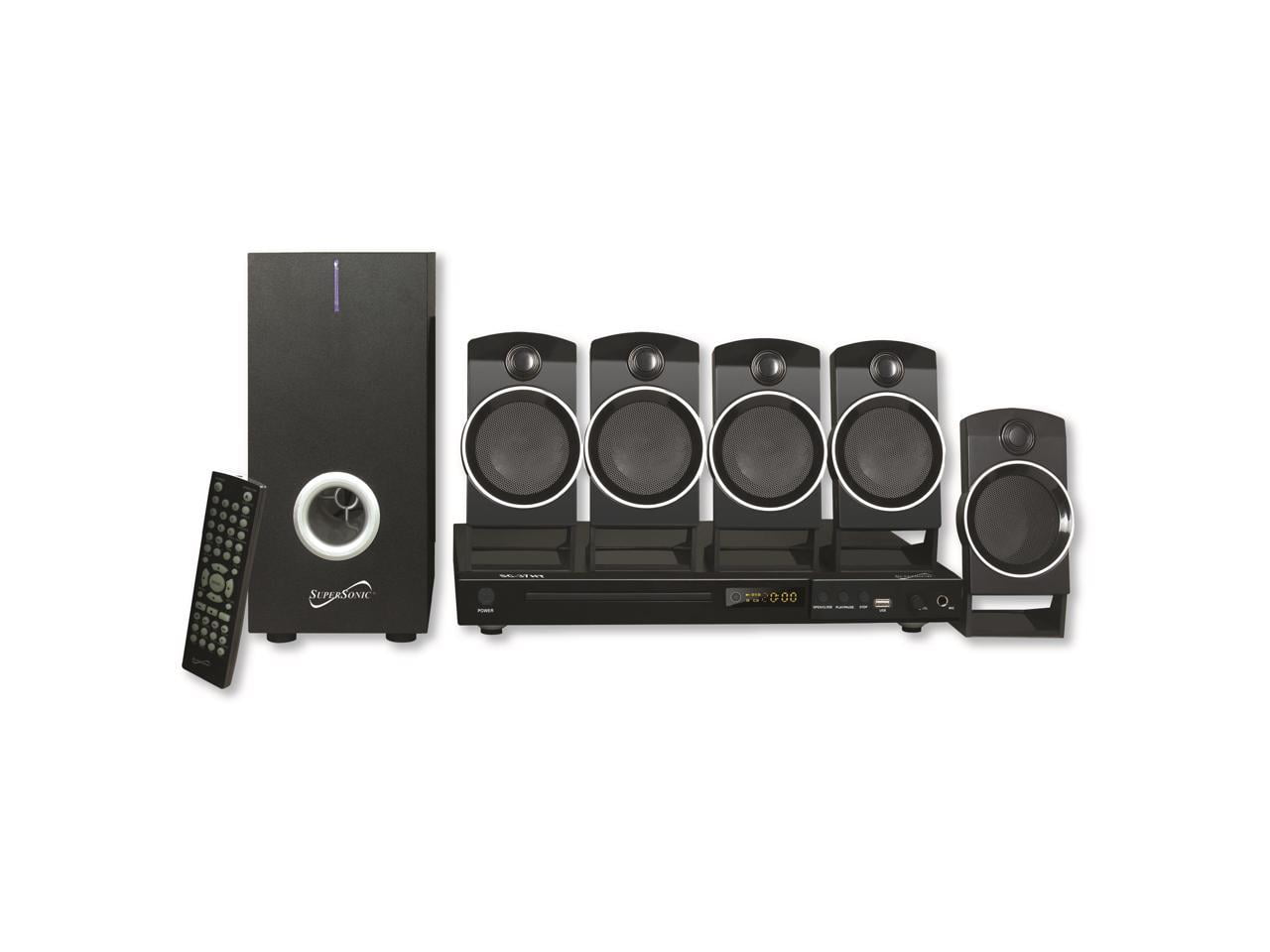 Supersonic SC-37HT 5.1 Surround Sound System, Home Theater with DVD/CD Playback, Karaoke, FM Radio, USB Input, 25W Speakers, Multi-Language Support, Remote Control Included