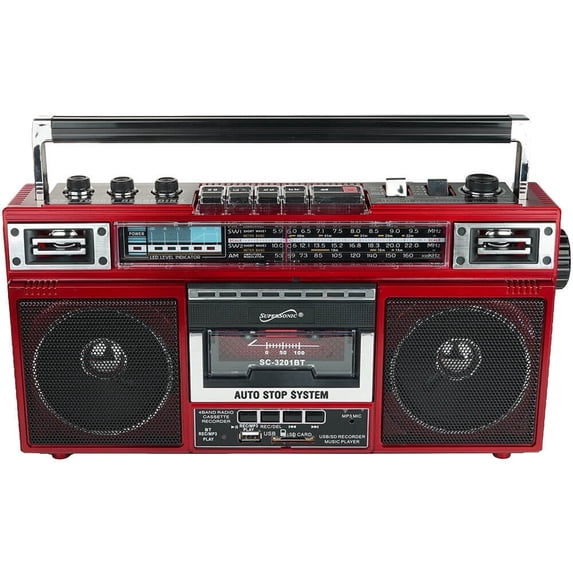 Supersonic SC3201BTRD Retro 4-Band Radio and Cassette Player with Bluetooth - Red