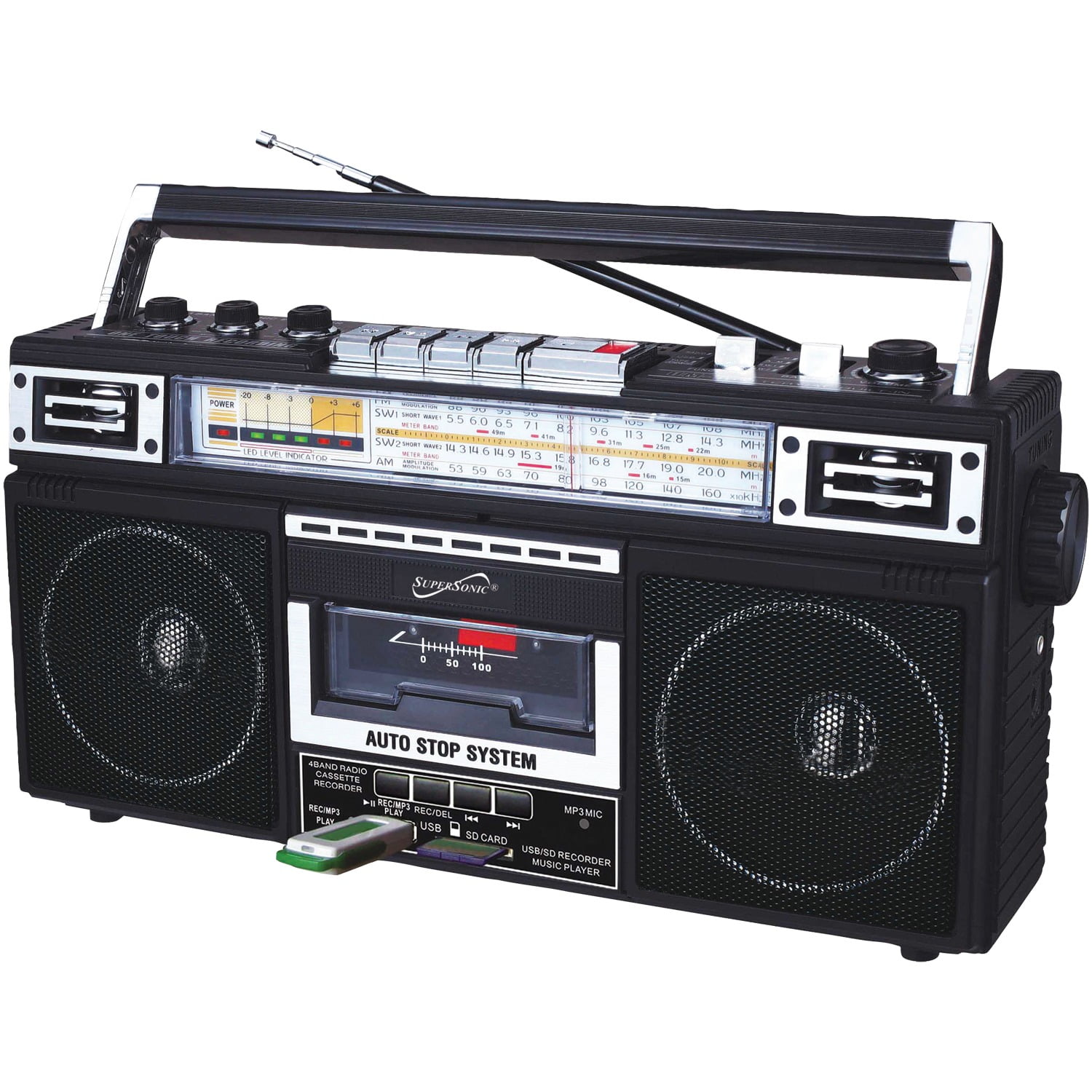 Supersonic Sc-3201bt-bk Retro 4-band Radio And Cassette Player With (black)