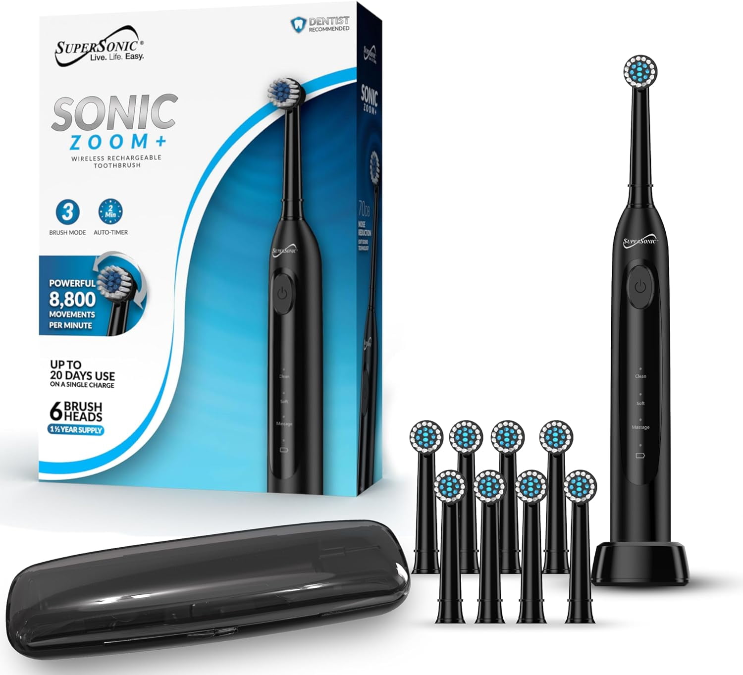 Supersonic TB-1000 Sonic Zoom+ Advanced Rotating Electric Toothbrush, 8,800 OPM, Wireless Charging, 6 Brush Heads, 3 Mod