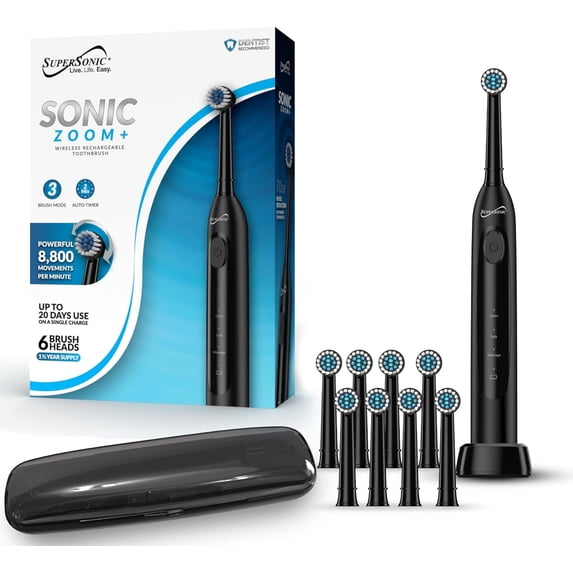 Supersonic TB-1000 Sonic Zoom+ Advanced Rotating Electric Toothbrush, 8,800 OPM, Wireless Charging, 6 Brush Heads, 3 Mod
