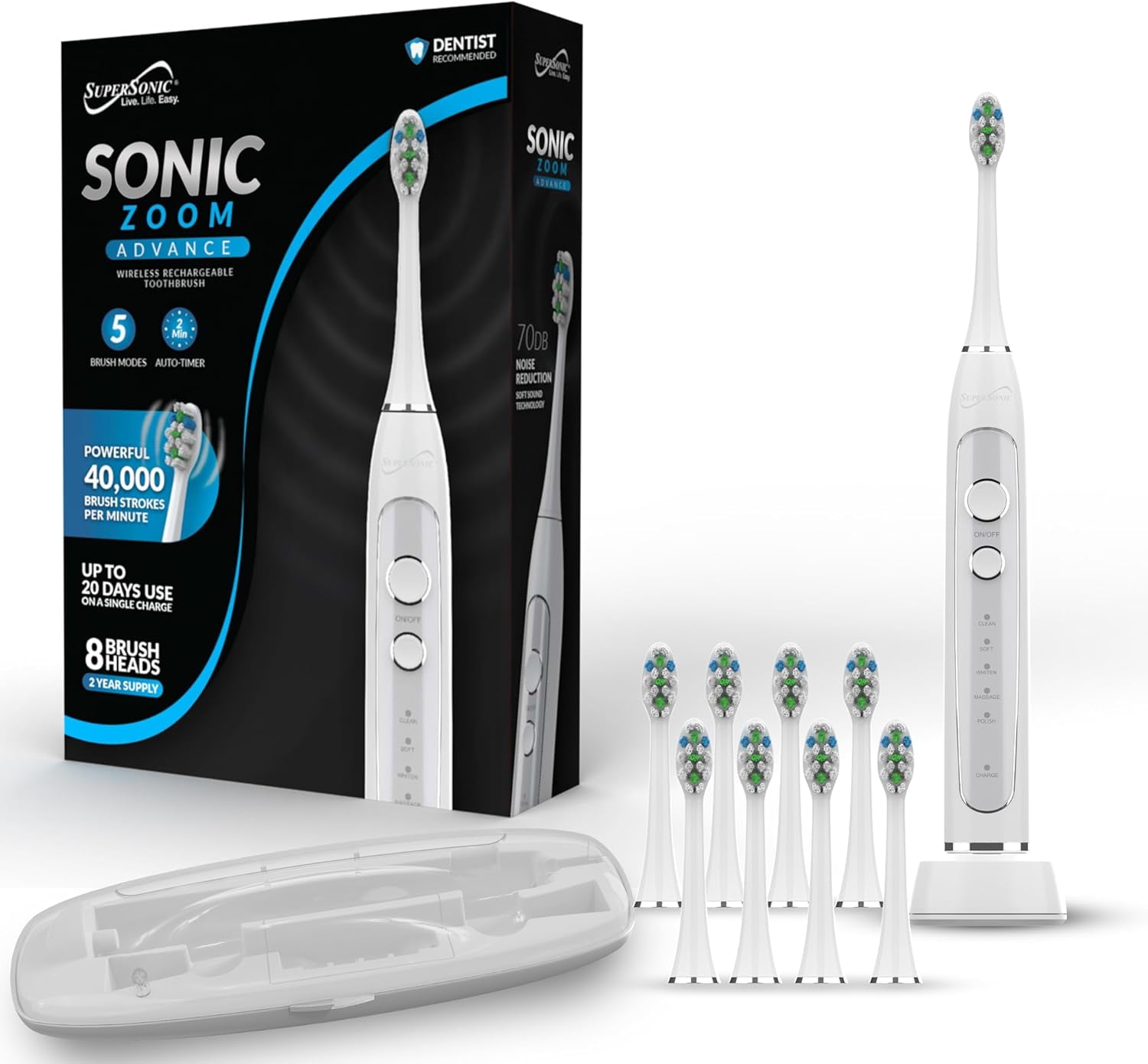 Supersonic TB-5100 Sonic Zoom Advanced Whitening Electric Toothbrush, 40,000 VPM, 5 Mode,| Wireless Charging, 8 Brush Heads,Travel Case, White
