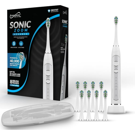Supersonic TB-5100 Sonic Zoom Advanced Whitening Electric Toothbrush, 40,000 VPM, 5 Mode,| Wireless Charging, 8 Brush Heads,Travel Case, White