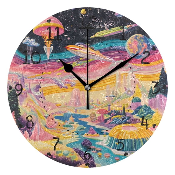 Supersonic Wonderland Planets Universe Round Wall Clock Silent Analog Battery Operated Black Pointer Home Decor 9.84" Diameter