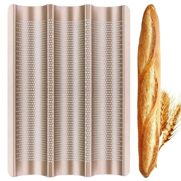 Supertina Baguette Pan, French Bread Baking Pan Perforated 3 Loaves Long Italian Bread Pan Mold Nonstick Baguettes Bakery Tray11.2X15.2X3.5 inch
