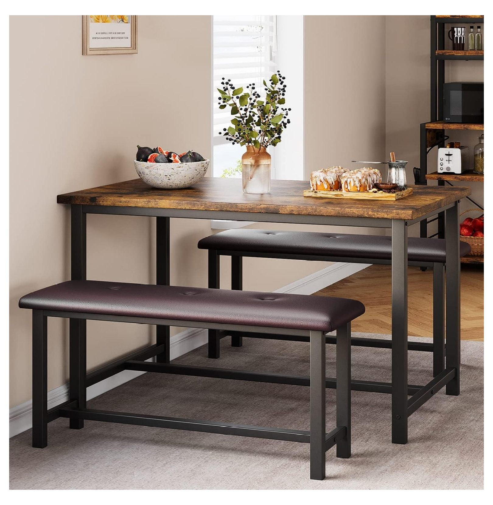 Superwum 3 Piece Dining Table Set, Kitchen Table and Benches for 4, Rectangular Dining Room