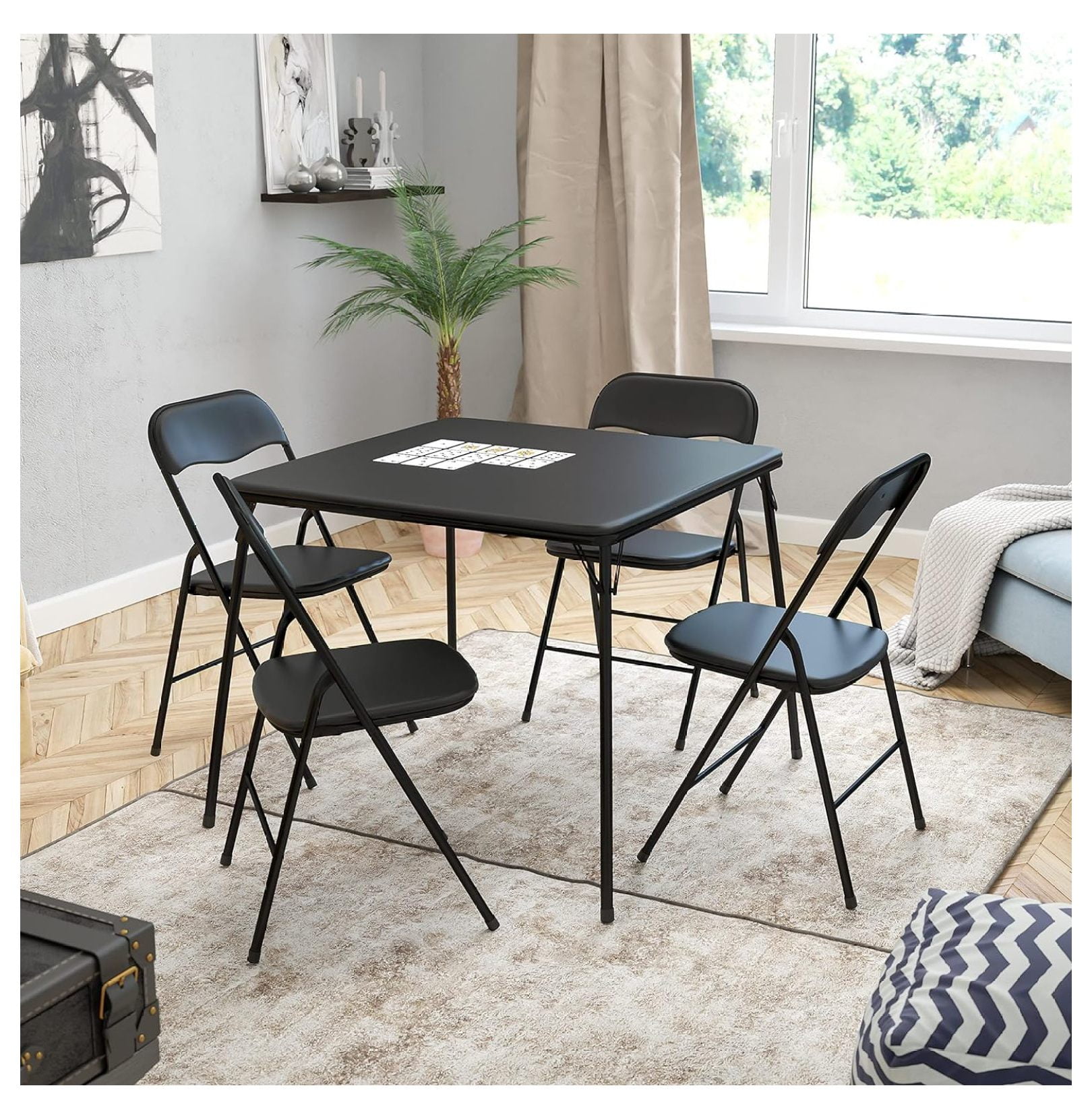 Superwum 5 Piece Black Folding Game Room Card Table and Chair Set