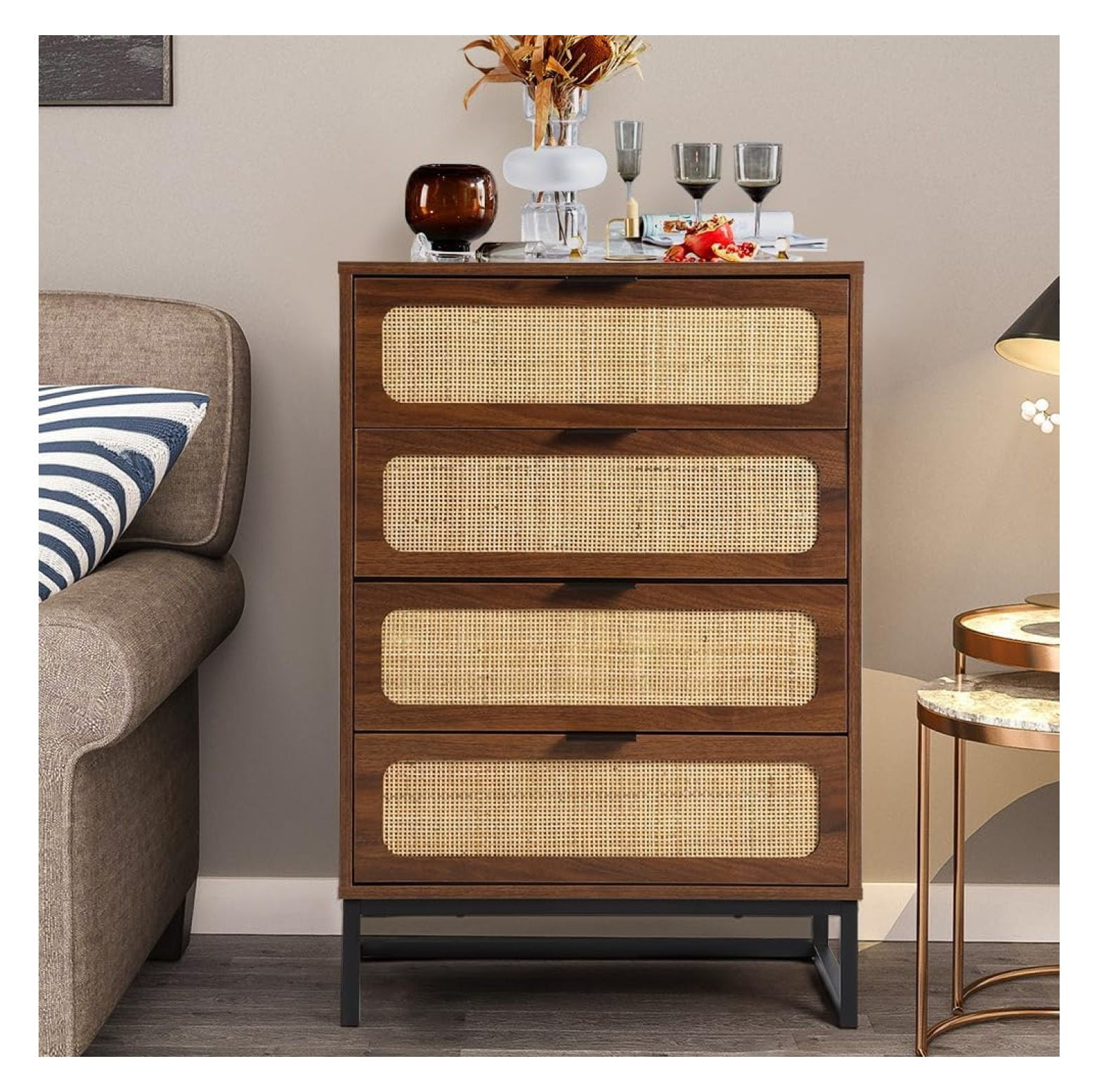 Superwum Century Modern Dresser, 4 Drawer Rattan Dresser for Bedroom