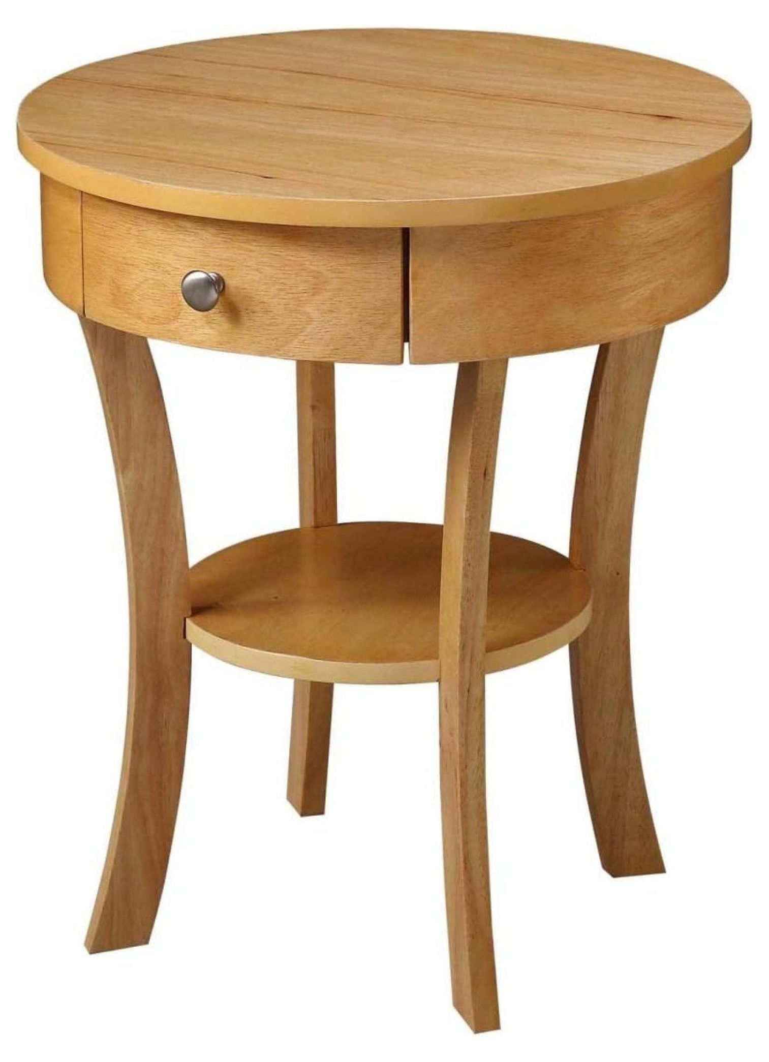 Natural Round Wood End Table with Storage Drawer