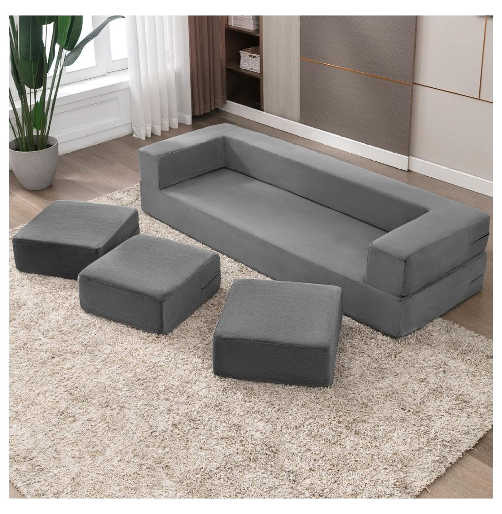 Superwum Convertible Floor Sofa Bed with 3 Ottomans, Memory Foam Pull