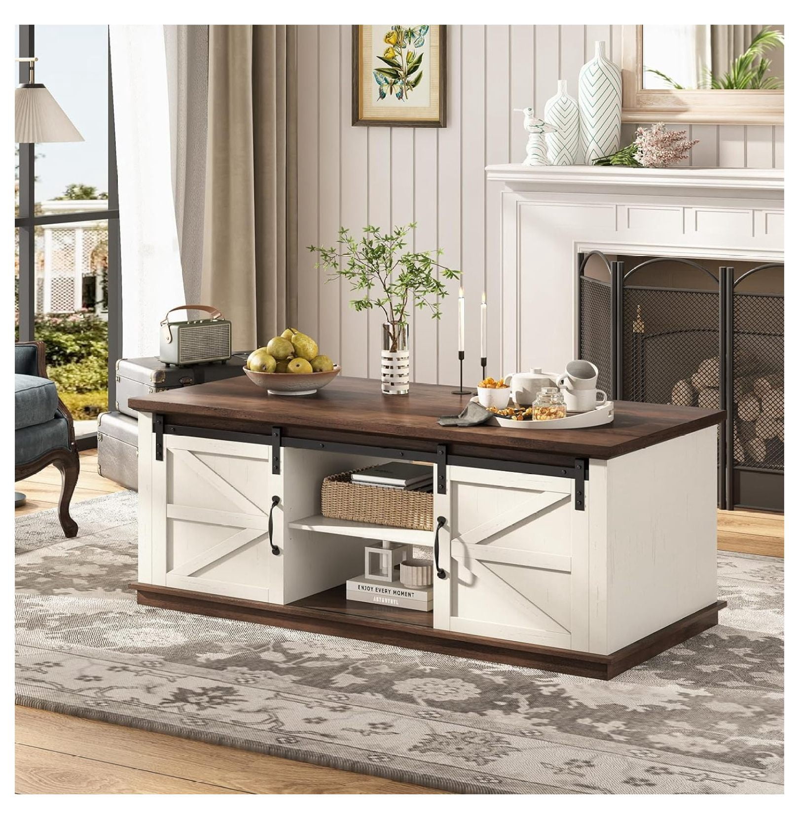 Superwum Farmhouse Coffee Table for Living Room with Storage & 4 ...