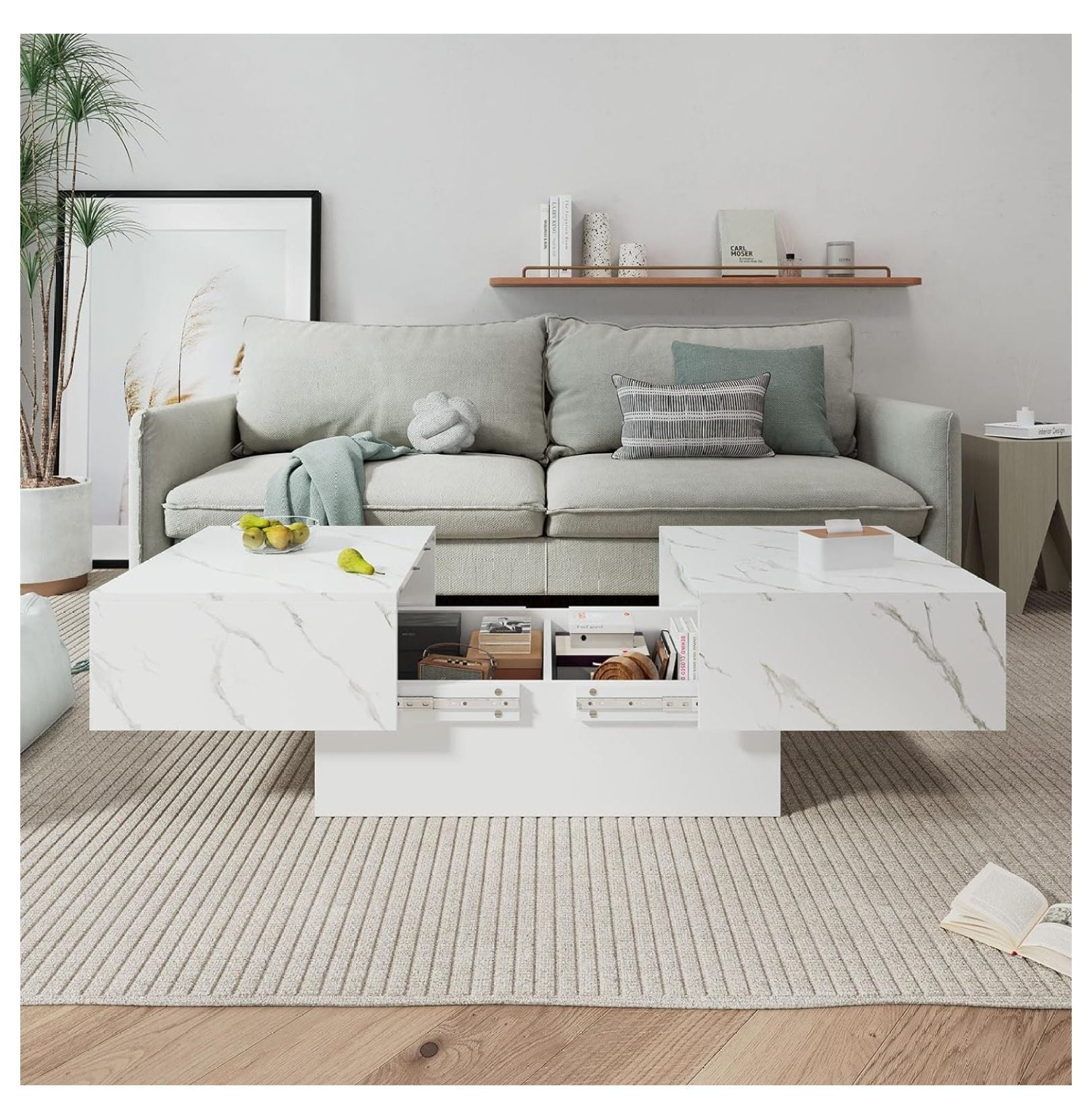 Superwum Faux Marble Finish Glossy Coffee Table, Extendable Top and