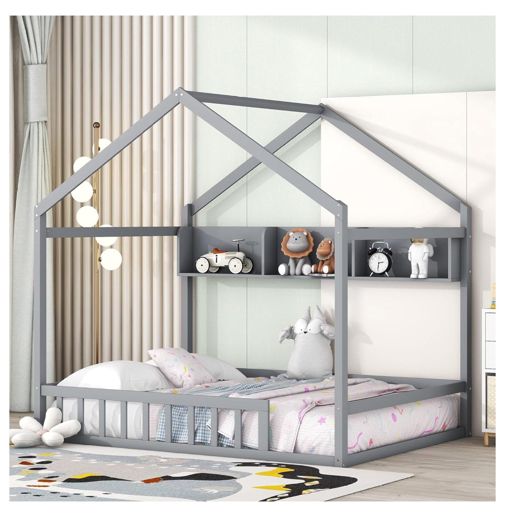 Superwum House Bed Full Size Floor Bed with Fence Railings, Wooden
