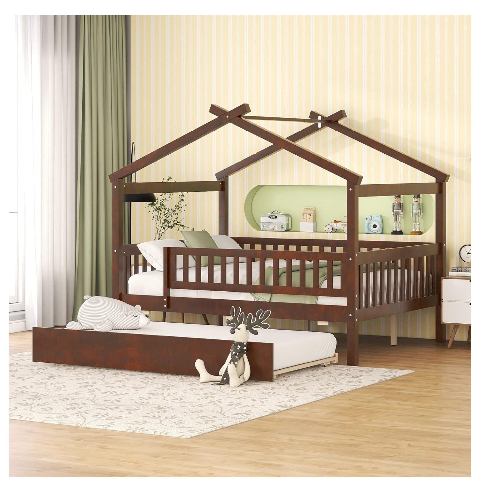 Superwum House Bed with Trundle and Fence, Full Size Montessori Beds