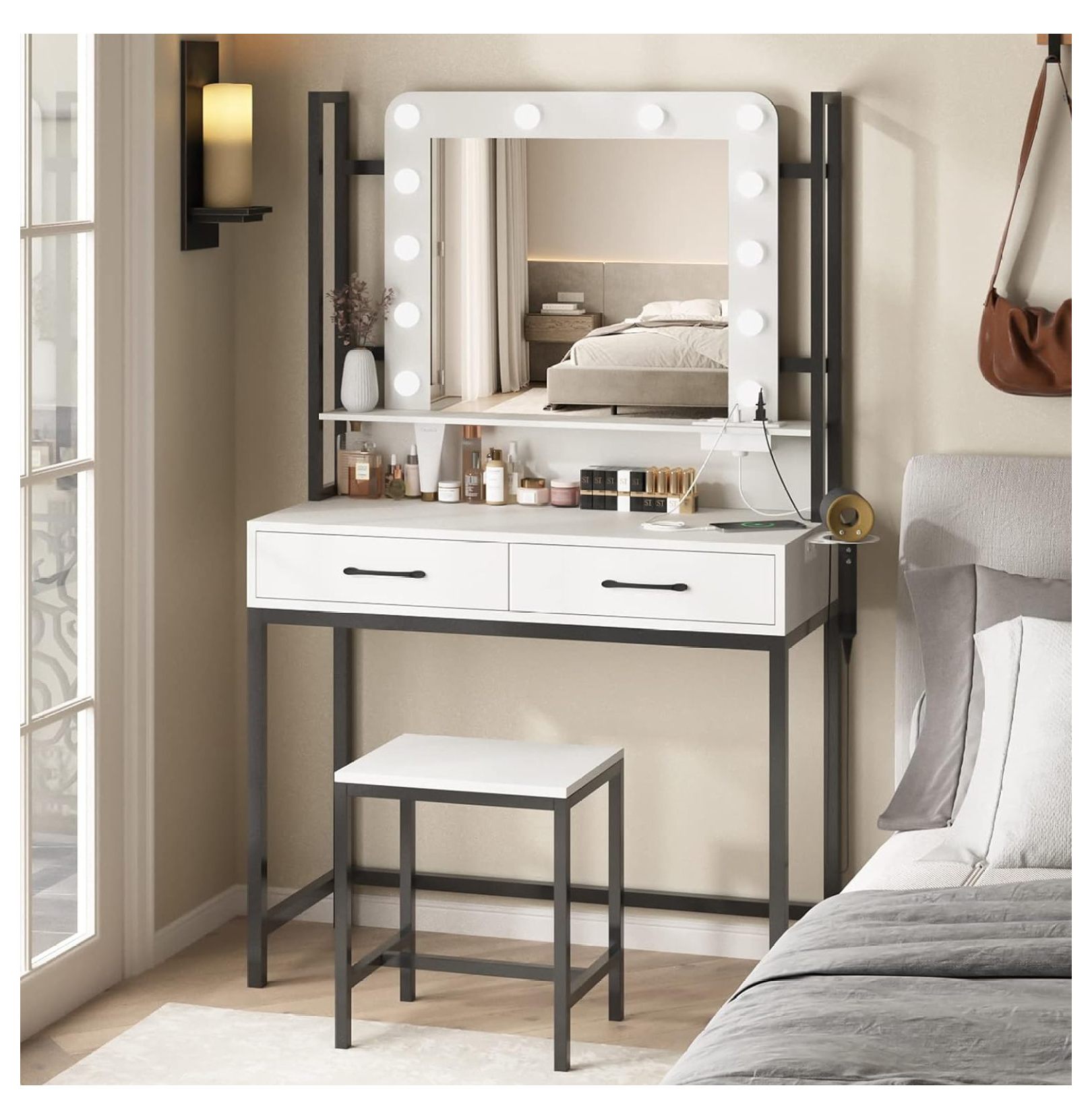 Superwum Makeup Vanity Table with Lighted Mirror & Power Outlet,2