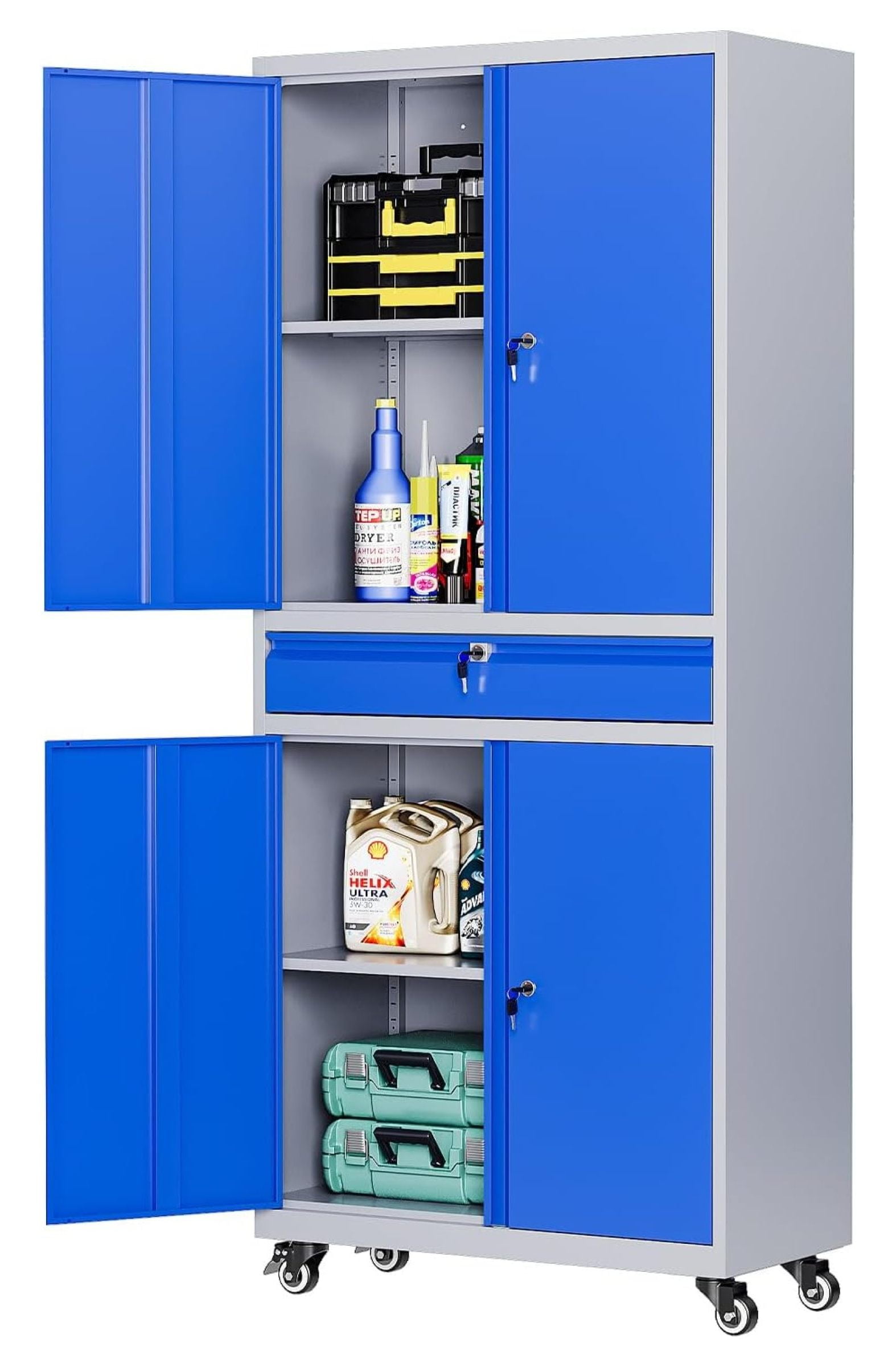 Superwum Metal Storage with Wheels, Locking with Drawer and Doors, Tall Steel