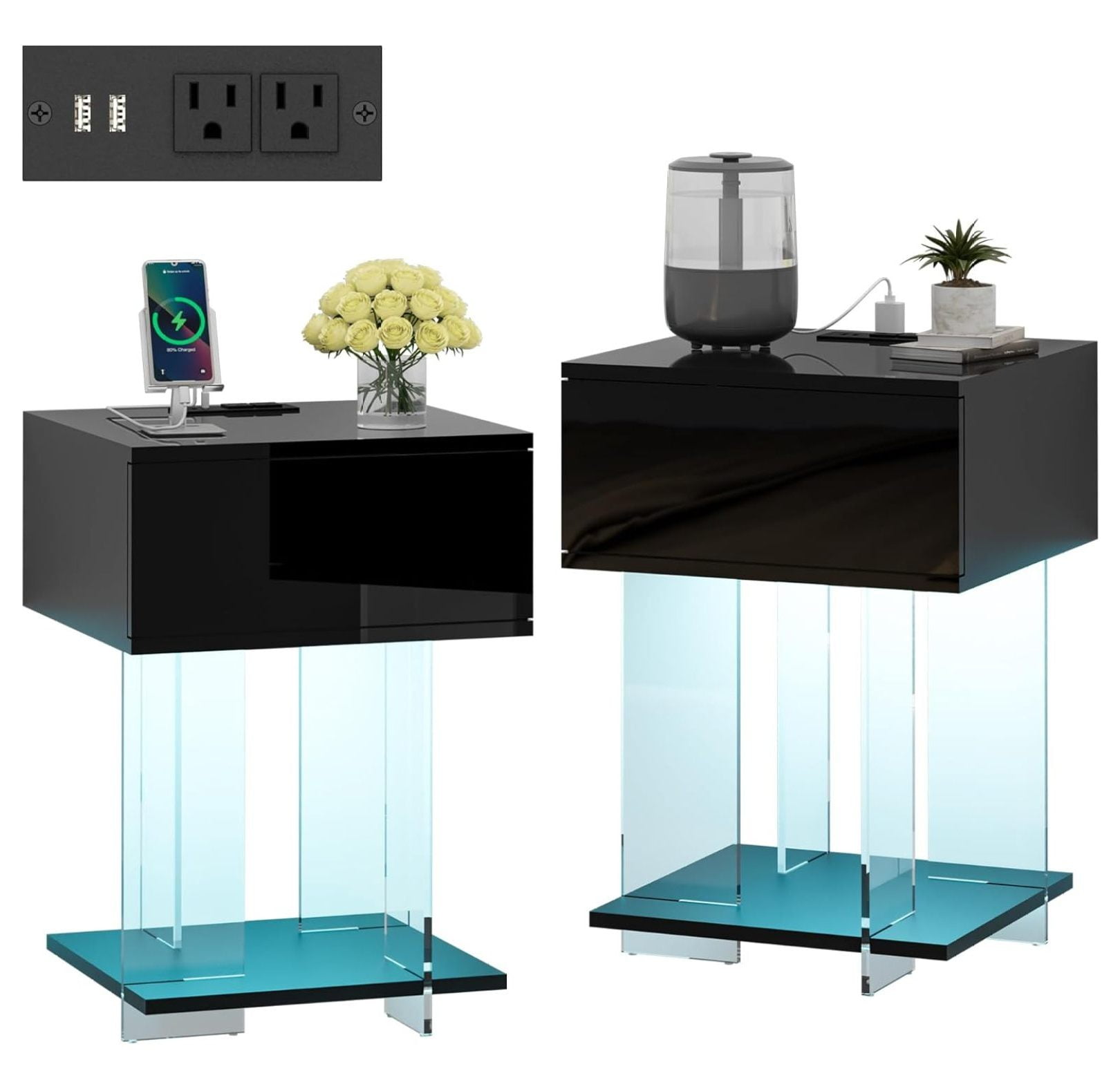 Superwum Nightstand Set of 2 with LED Lights,Black Modern Nightstands