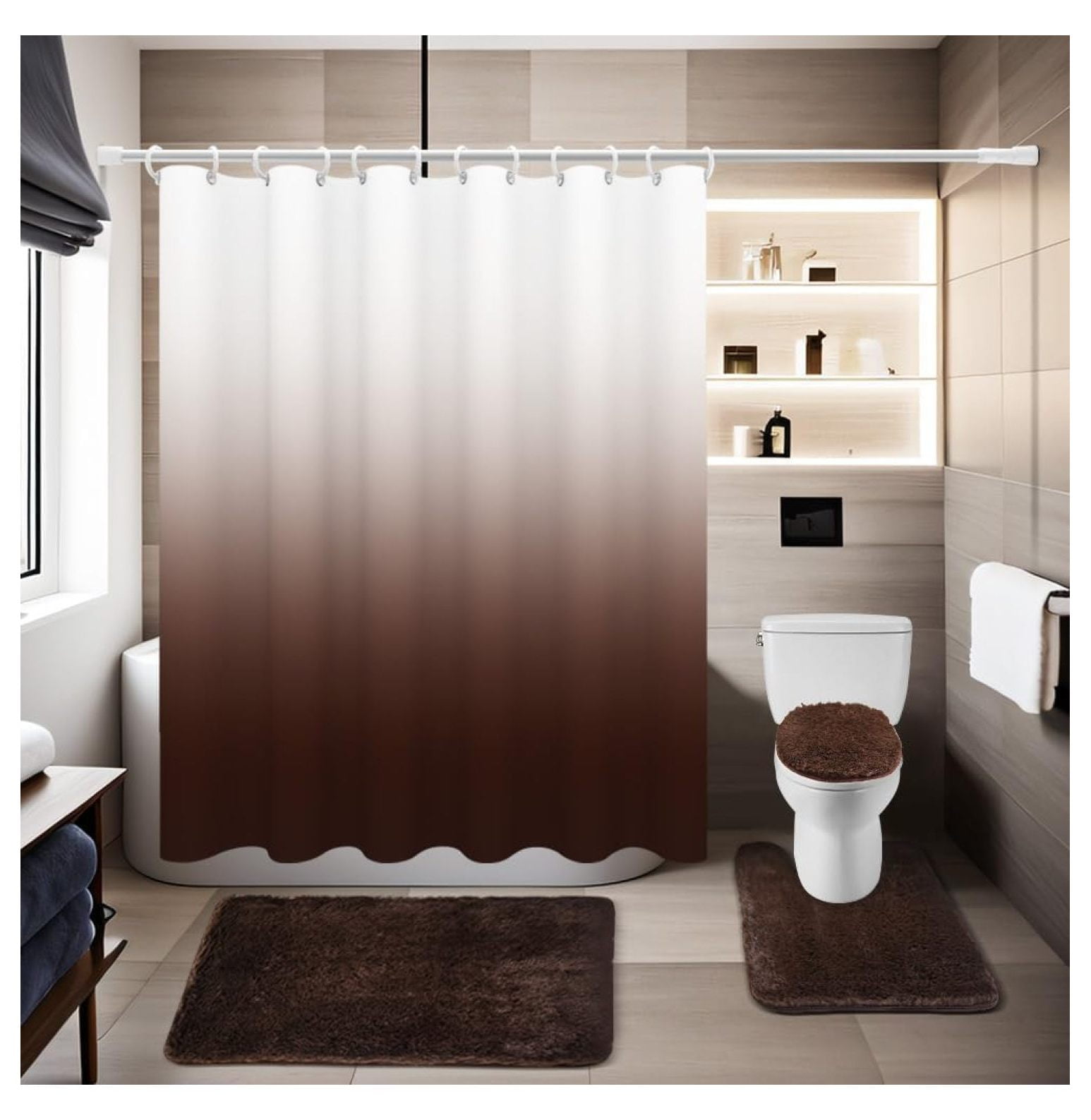 Superwum Ombre Brown Shower Curtain Set 4 Piece Bathroom Sets with