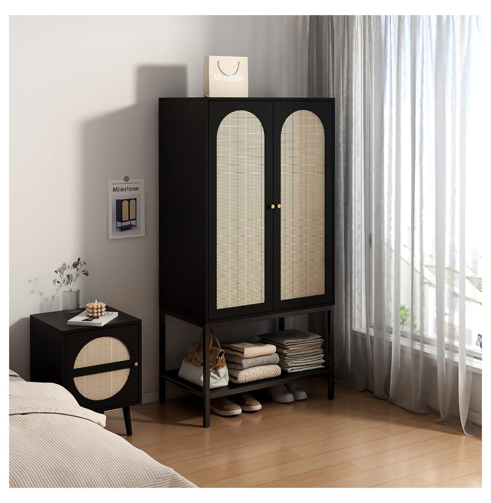 Superwum Wardrobe Closet, Rattan Freestanding Wardrobe Cabinet with ...