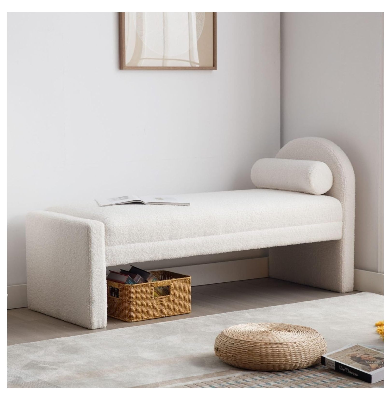 Superwum White Entryway Bench End of Bed Bench Modern Boucle Bench