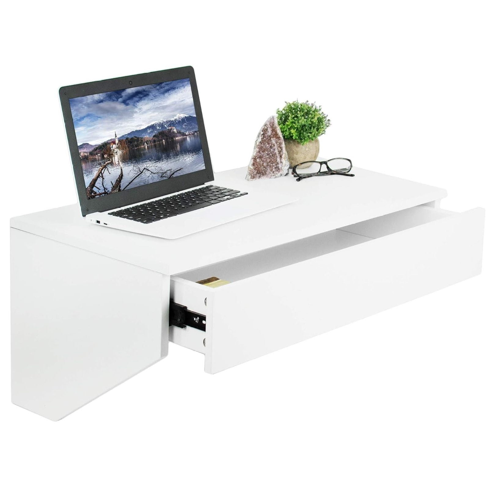 Elegant White Wall Mounted Desk with Drawer and USB Port