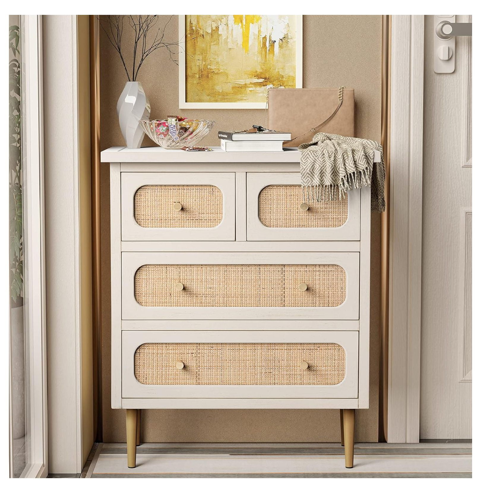 Superwum Wicker Rattan Chest of Drawers, 4Drawer Dresser, White Finish
