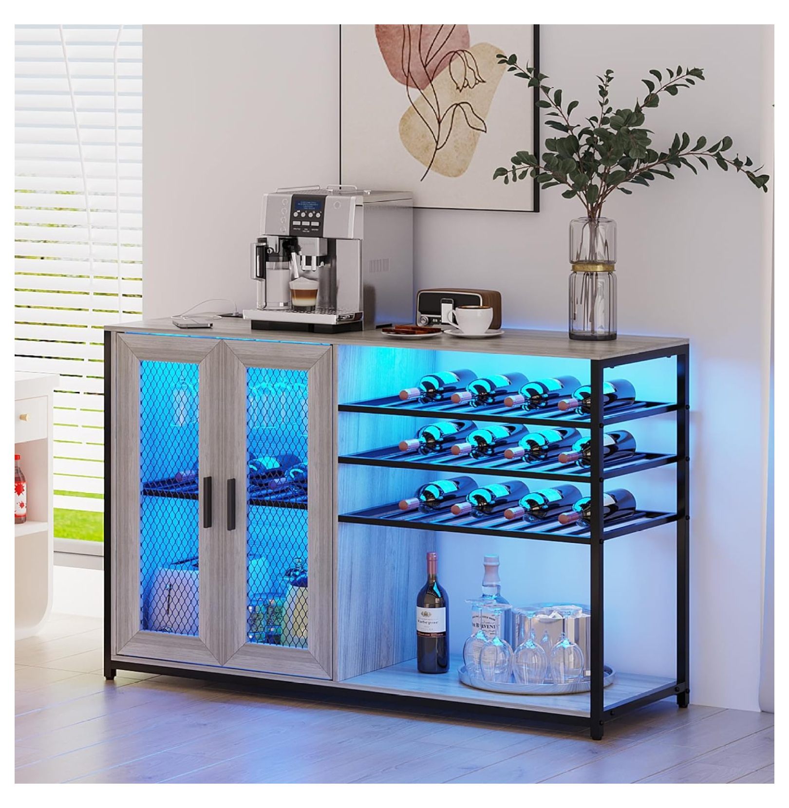 Superwum Wine Bar with LED Light, Home Coffee with Wine Rack and Glass Holder