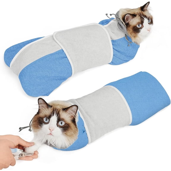 Supet Cat Grooming Wrap for Cutting Nails, Self-Adhesive Anti-Scratch Swaddle with Bite-Proof Mesh Hood & Thick Waist Strap Anti-Escape Bag for Nail Trimming, Medication, Ear Cleaning (Grey S)
