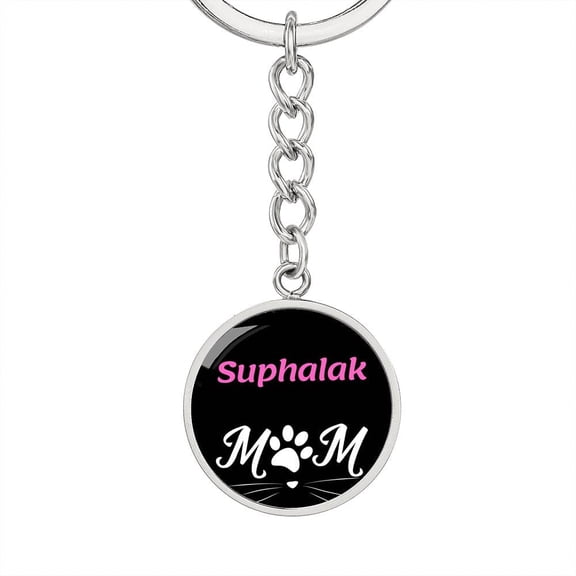 Suphalak Cat Mom Circle Keychain Stainless Steel Silver Tone or Gold Tone