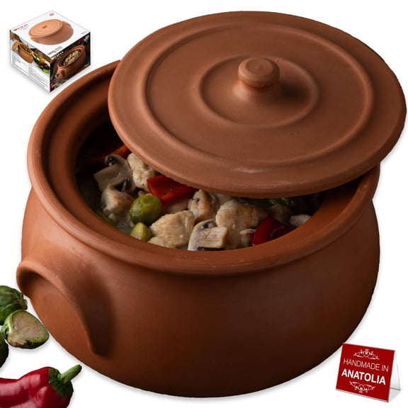 Suphan Handmade 4.7-Quart Midi Clay Cooking Pot with Lid, Natural Unglazed Cookware, Terracotta Cazuela, Casserole Dish, Rice Cooking, Stewpot, Korean, Indian, Mexican Dish 4.5 L