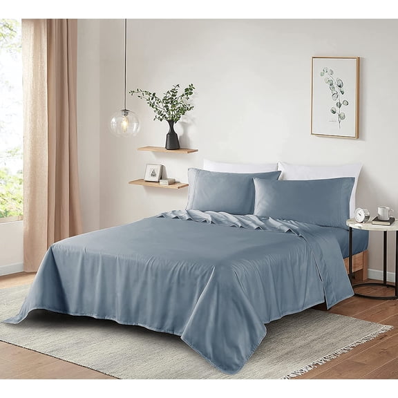Supima Cotton Sheets 600 Thread Count,Bed Sheet Set King Size Sheets 4 Pieces,Soft & Silky Sateen Weave, Fits Mattress Up to 18",Deep Pocket, Breathable & Fade Resistant(Blue Grey,King)