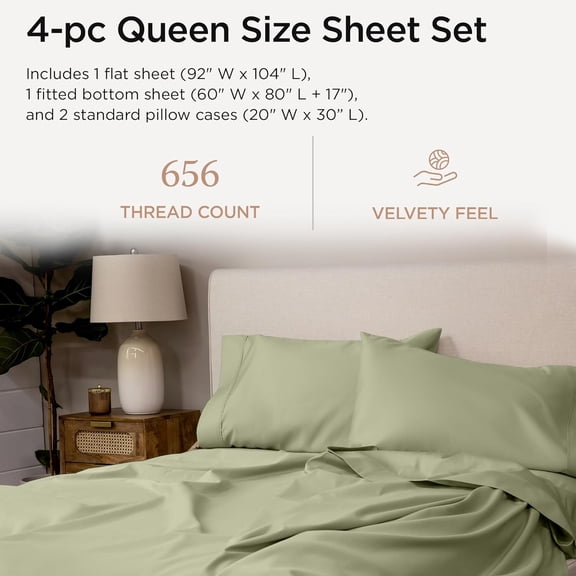 Supima Cotton Sheets Queen | 656 Thread Count for Queen Mattress | 4 Piece Luxury Bed Sheets | Sateen Weave Hotel Quality with Elasticized Deep Pocket| Sage Green