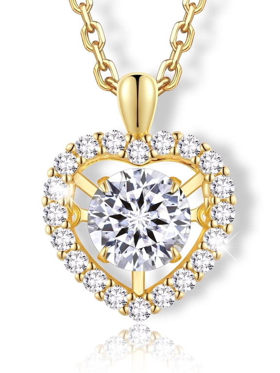 1CT Moissanite Heart Necklace for Women, 14K Gold Plated Sparkling Solitaire Dancing Pendant Necklace, D Color VVS1, Hypoallergenic Jewelry Gifts for Daughter Mom Birthday