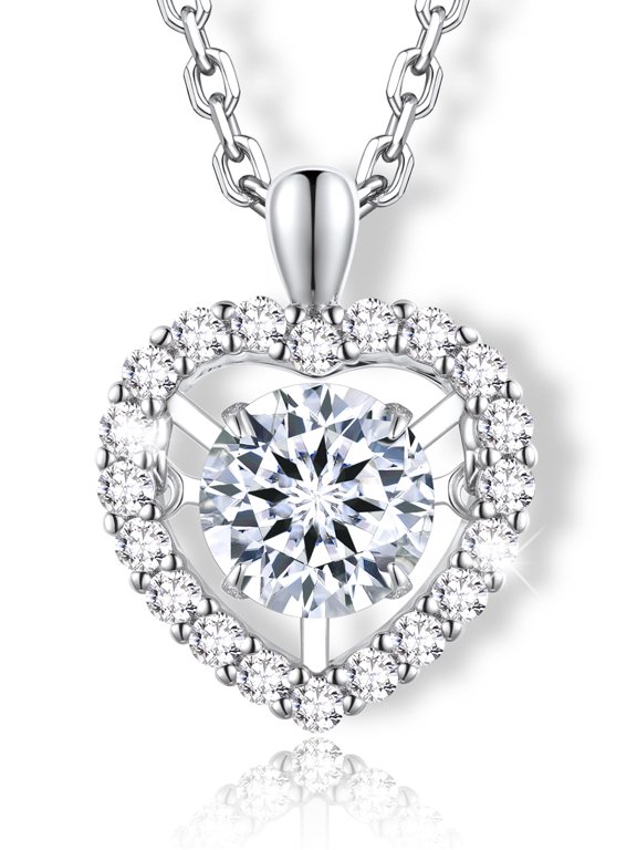 1CT Moissanite Necklace for Women, Silver Plated Sparkling Solitaire Dancing Heart Pendant Necklace, D Color VVS1, Hypoallergenic Jewelry Gifts for Mom Mothers Day