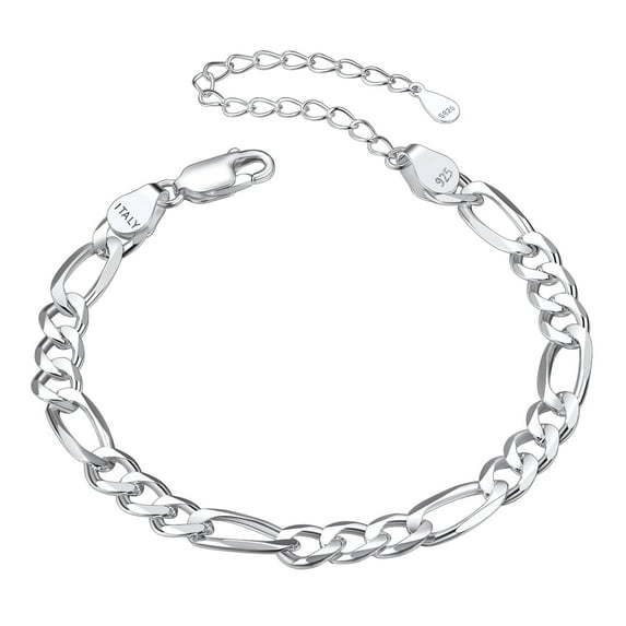 Suplight 5mm 925 Sterling Silver Figaro Chain Bracelet, Adjustable Dainty Bracelet for Women Girls 6.3"+2" Long