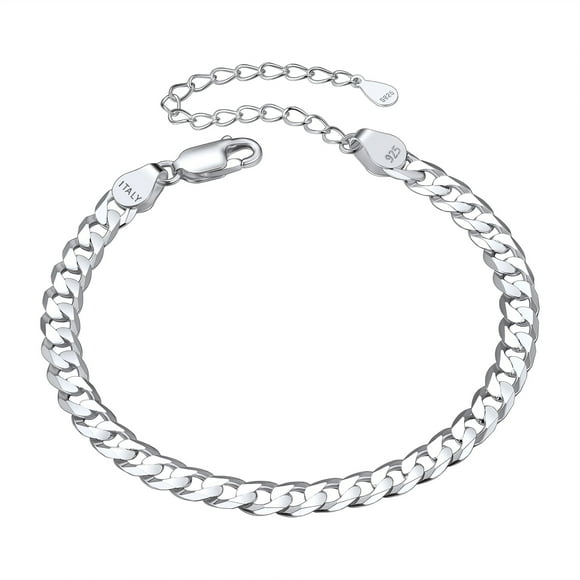 Suplight 5mm 925 Sterling Silver Flat Curb Cuban Link Chain Bracelet, Adjustable Dainty Bracelet for Women Girls 6.3"+2" Long