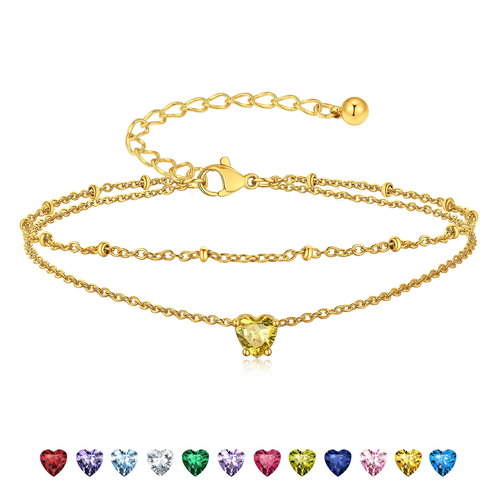 Suplight 925 Stelring Silver Birthstone Crystal Anklet Double Layered Ankle Chain Bracelets for Women