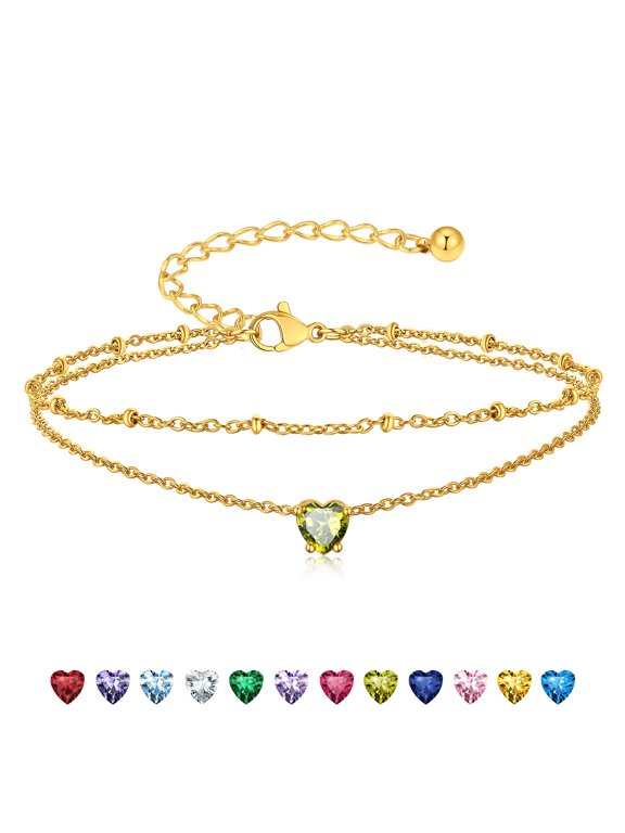 925 Stelring Silver Birthstone Crystal Anklet Double Layered Ankle Chain Bracelets for Women