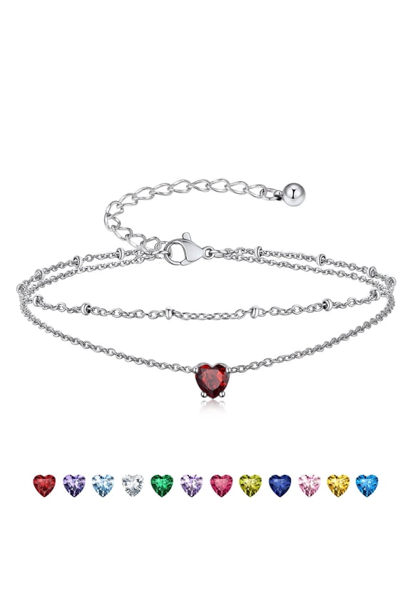 925 Stelring Silver Birthstone Crystal Anklet Double Layered Chain Anklet Bracelets for Women