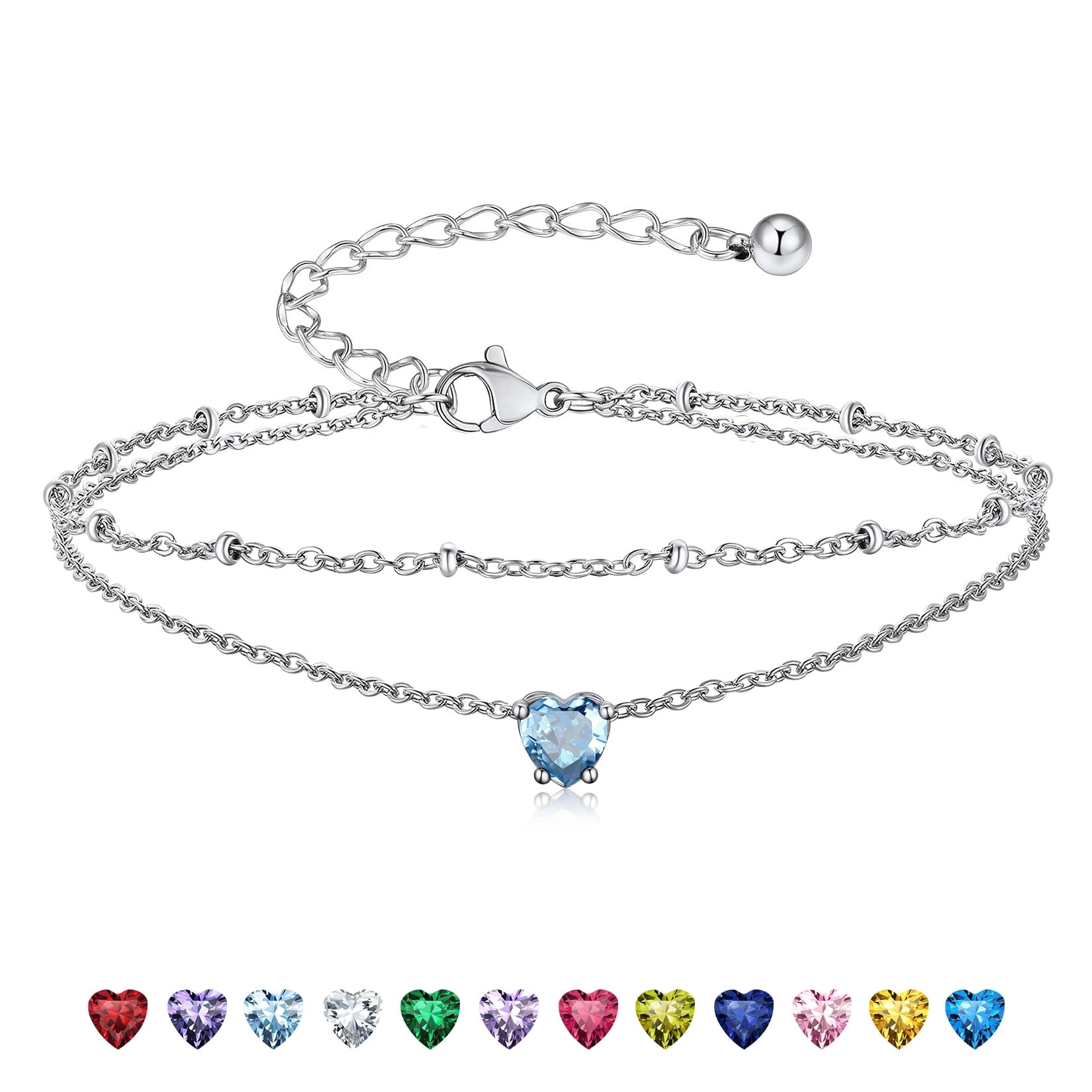 Suplight 925 Stelring Silver Birthstone Crystal Anklet Double Layered Chain Anklet Bracelets for Women
