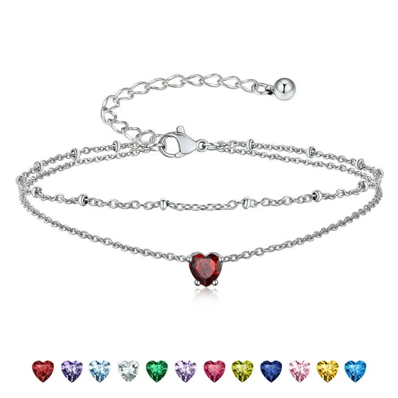 Suplight 925 Stelring Silver Birthstone Crystal Anklet Double Layered Chain Anklet Bracelets for Women