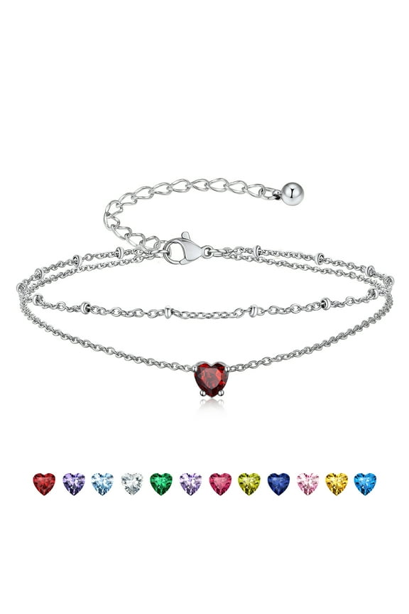 925 Stelring Silver Birthstone Crystal Anklet Double Layered Chain Anklet Bracelets for Women