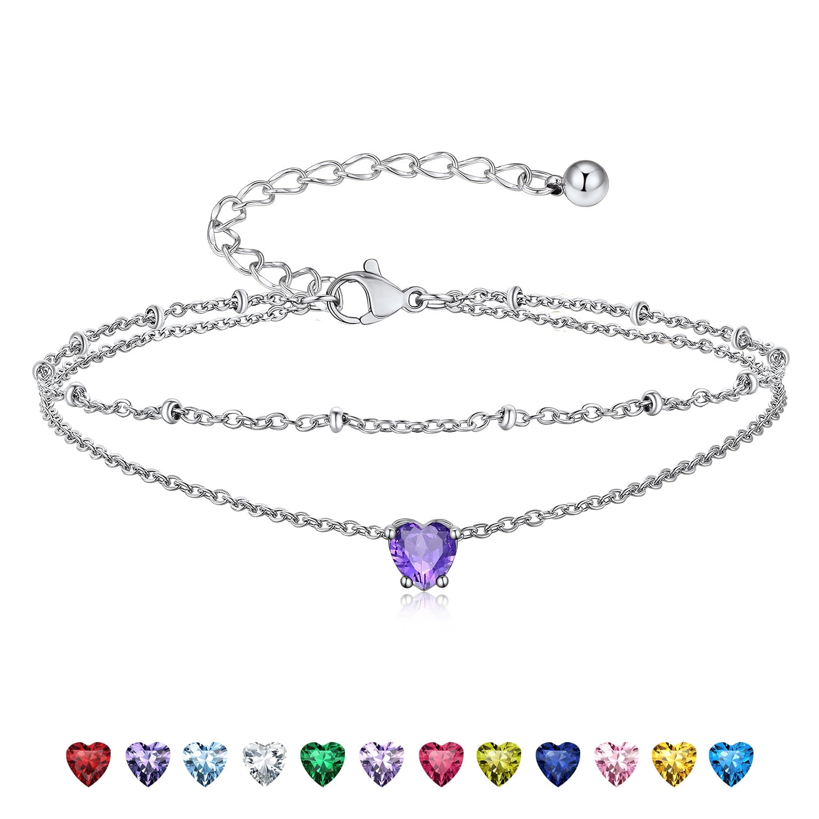 Suplight 925 Stelring Silver Birthstone Crystal Anklet Double Layered Chain Anklet Bracelets for Women