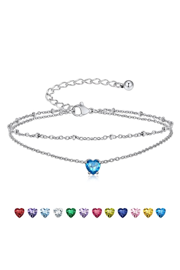 925 Stelring Silver Birthstone Crystal Anklet Double Layered Chain Anklet Bracelets for Women