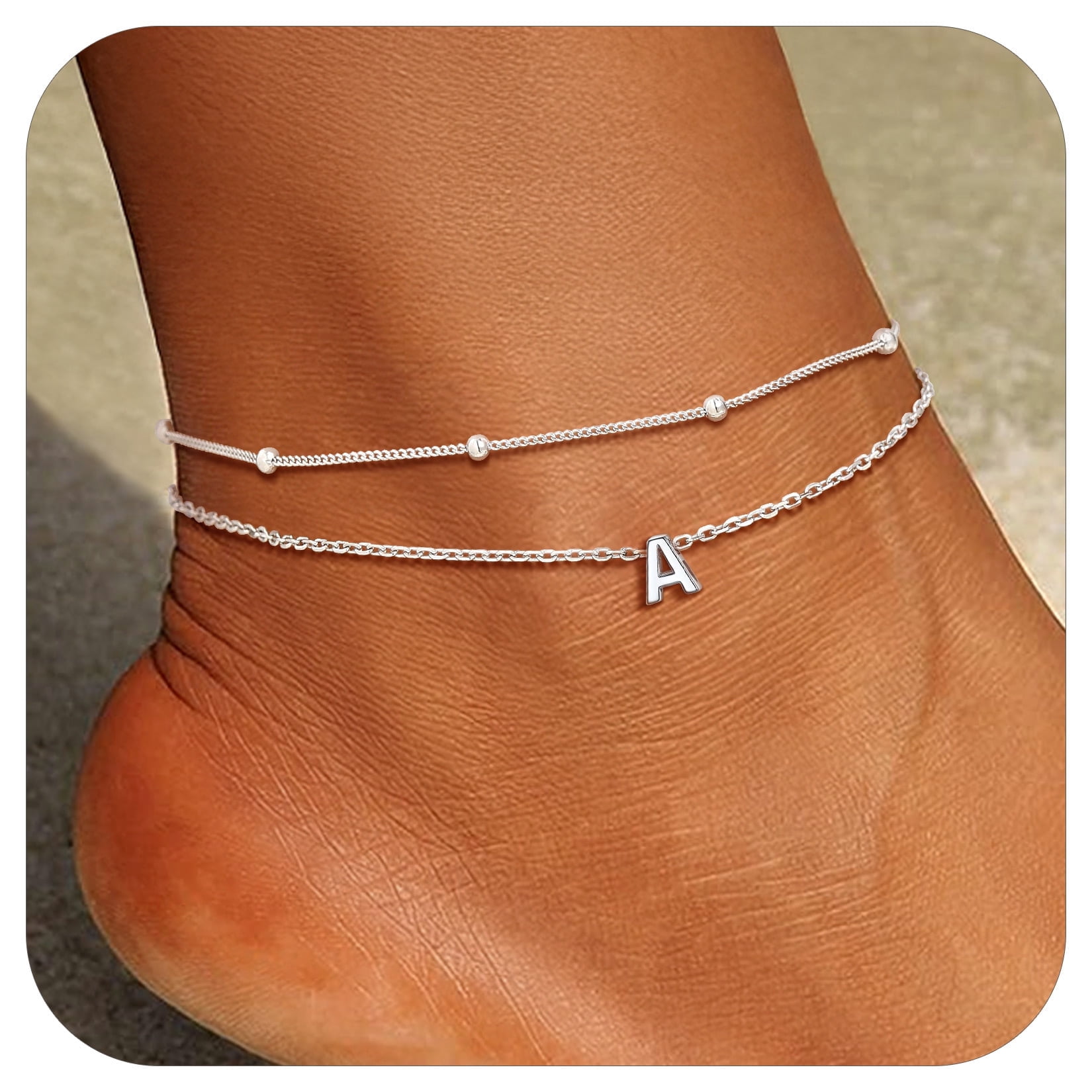 Suplight 925 Stelring Silver Double Layered Letter Chain Anklet Bracelets for Women Gift