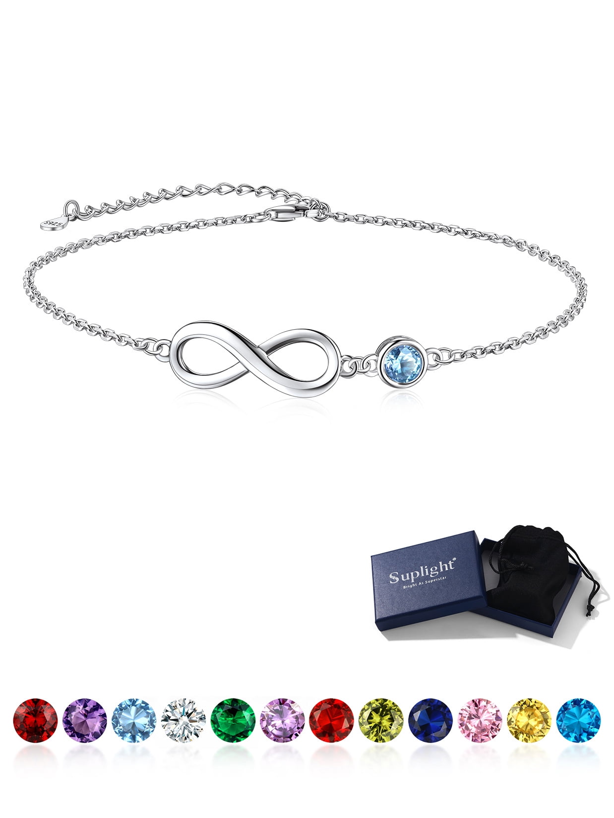 Suplight 925 Stelring Silver Infinity Birthstone Anklet, Dainty Foot Chain Crytal Anklet Bracelets for Women